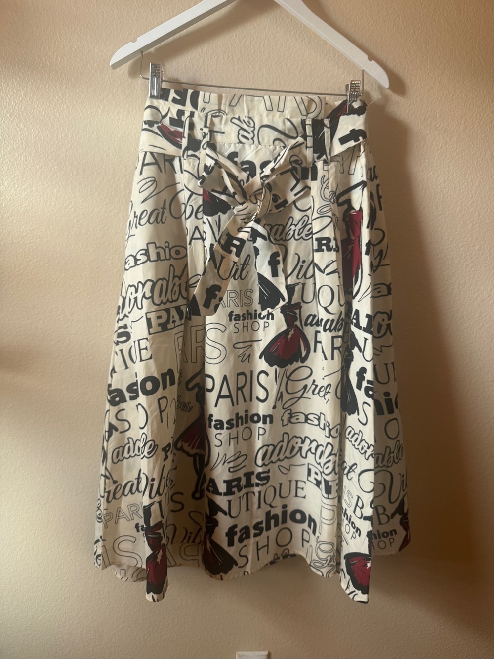 Her Destiny PARIS FASHION Cream Script-Print A-Line Skirt with Tie Waist